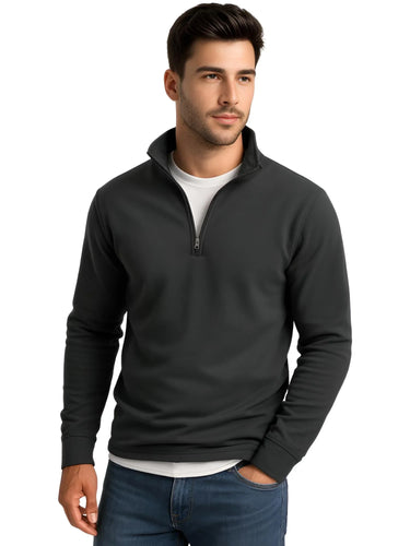 Man wearing a dark gray quarter-zip pullover on a white background